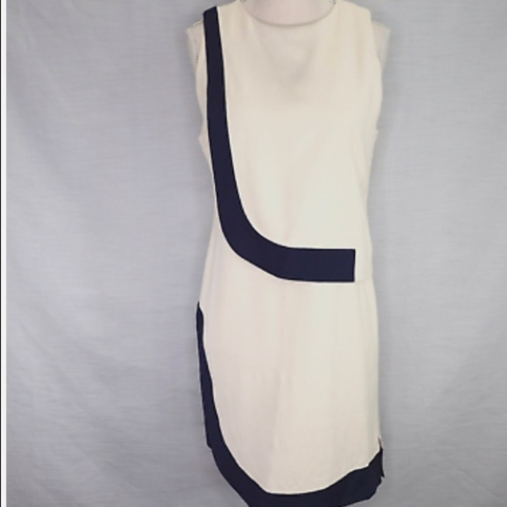 Diane vonFurstenberg linen dress with navy trim, knee length